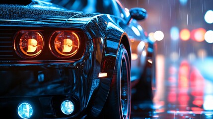 Black car with its headlights on and the lights of the city in the background. The car is wet from...