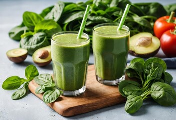 A green smoothie in a glass with spinach leaves on top
