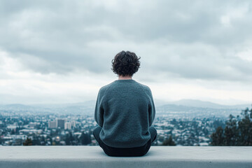 Fototapeta premium Contemplative moment city overlook portrait cloudy sky rear view solitude and reflection
