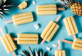 A close-up of a pineapple pina colada popsicle with coconut shavings on top