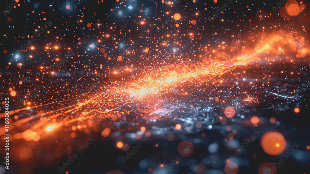 Poster vibrant display of bright orange and blue lights bursting in a dynamic explosion capturing the essen