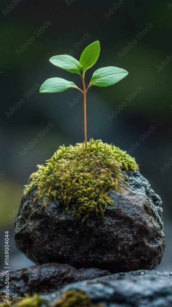 Wall mural Small plant thriving on a moss-covered rock in a serene natural setting