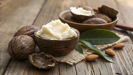Natural shea butter with nuts and leaves on wooden surface