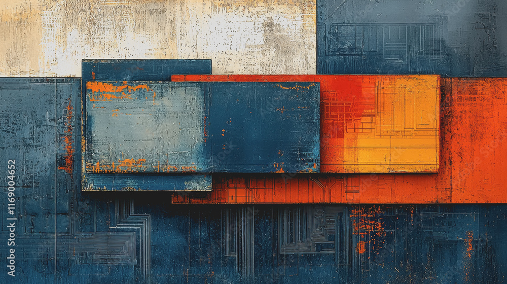 Poster vibrant abstract composition featuring dynamic swirls of blue and orange with textured layers creati