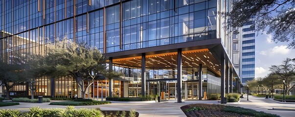 high-rise office tower with sharp vertical glass panels reflecting daylight