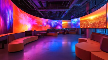 A high-energy tech hub with curved LED screens, modular furniture, and interactive projection walls