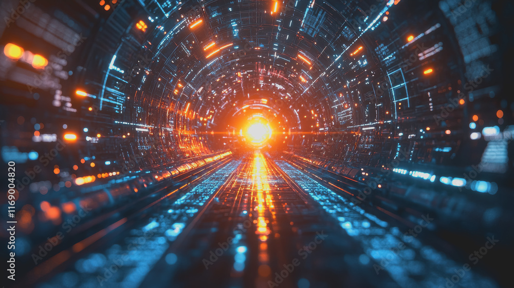 Aufkleber illuminated underground tunnel with bright lights creating a dynamic atmosphere and leading to an un