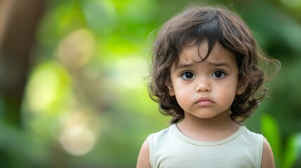 A small child standing alone in a park, with a distant, sad look in their eyes.