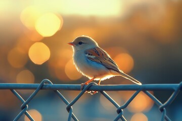 Bird resting on a fence surrounded by flowers during golden hour in a peaceful garden