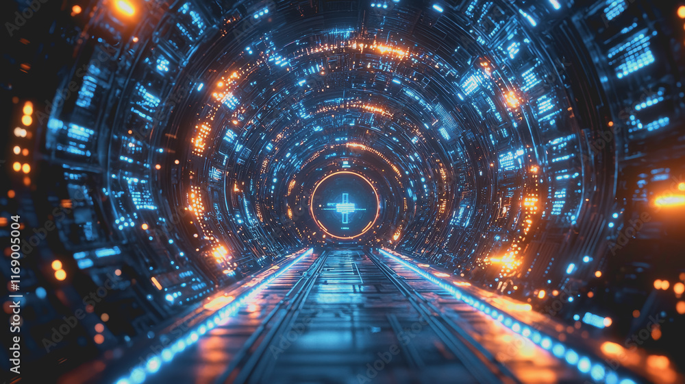 Poster illuminated underground tunnel with glowing lights and metal train tracks creating a mysterious atmo