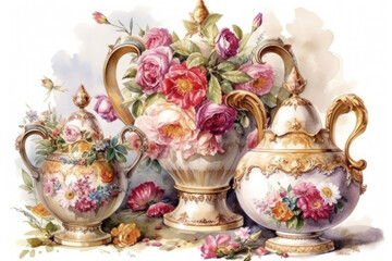 three luxurious porcelain teapots and a vase, decorated with lush floral arrangements. 