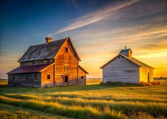 Obraz premium Minimalist Old Farm House, Rustic Barn, Countryside Landscape, Sunset Sky