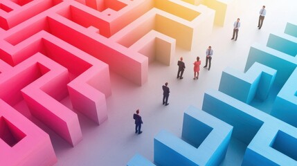 Colorful maze with people navigating pathways and obstacles, symbolizing challenges and decision-making.