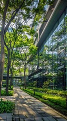 business office building with clear glass facade surrounded by tall green trees and walkways