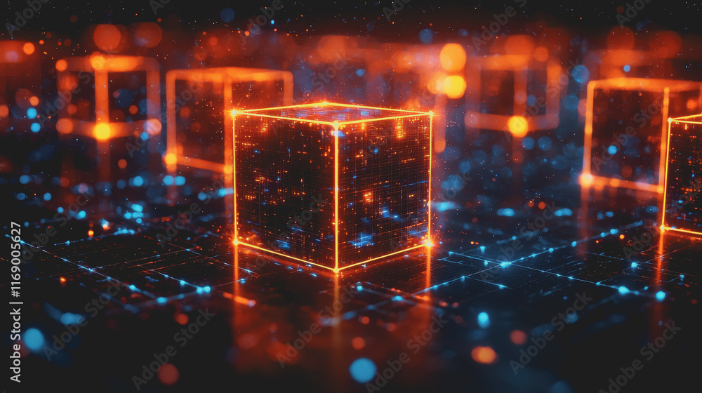 Poster a mesmerizing arrangement of cubes illuminated by vibrant glowing lights creating a futuristic and e