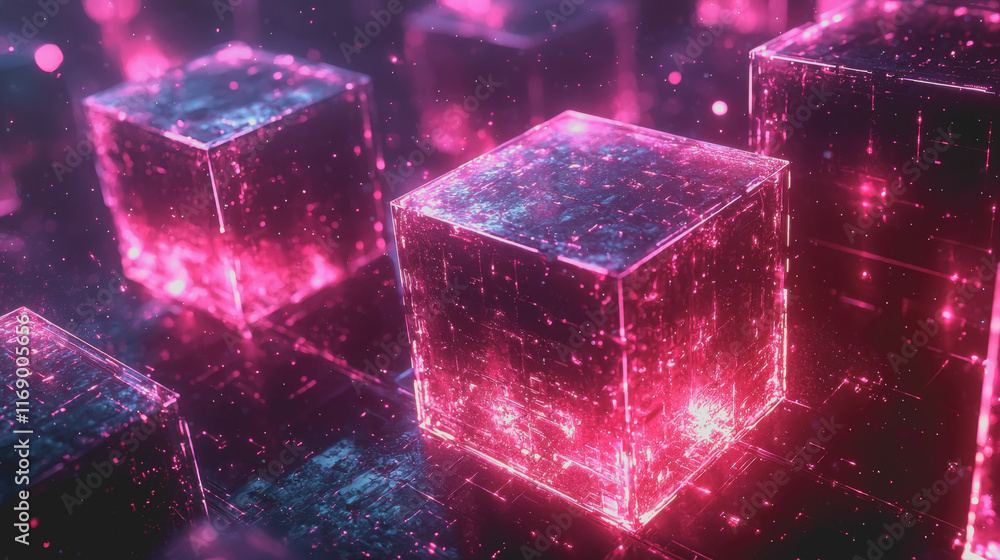 Poster a mesmerizing arrangement of glowing cubes illuminating a dark space with vibrant colors creating a 