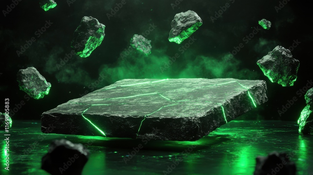 Poster mysterious floating rocks with green glowing lines in dark misty background