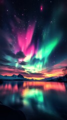 Breathtaking aurora borealis lights up the night sky over serene water landscape