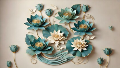 blue and gold floral 3D wall art,    3D wall art piece with teal-colored water lilies and gold metallic accents. The lilies should float gracefully in a serene arrangement, with delicate gold outlines