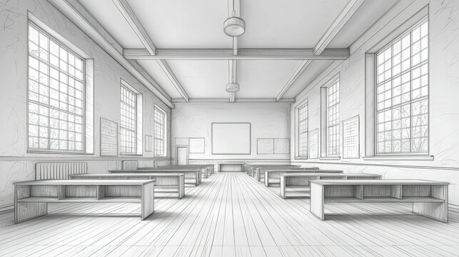 Empty classroom sketch, high ceiling, long room, wooden desks, large windows,  white walls.