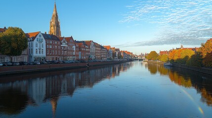 Fototapeta premium Scenic river reflecting autumnal cityscape with church spire and rainbow.