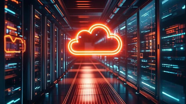 Futuristic data center with glowing cloud symbol showcasing advanced gaming capabilities - Powered by Adobe