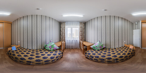 hdri 360 panorama in interior of cheapest bedroom in student dormitory apartments or hostel minimalist design in equirectangular spherical projection.