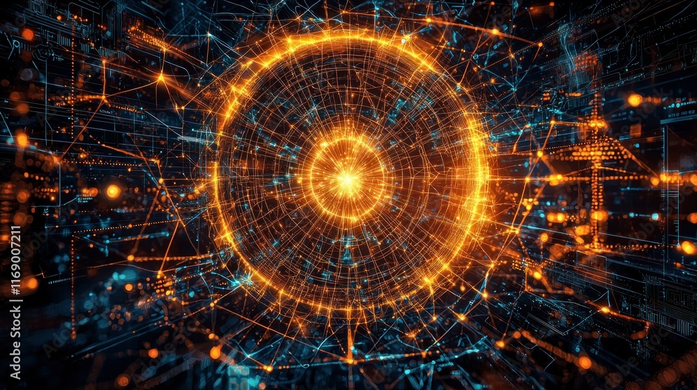 Poster glowing circular portal in digital cyberspace with network connections