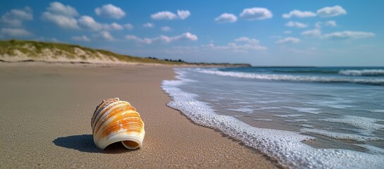 Obraz premium Seashell on sandy beach with ocean waves and blue sky.