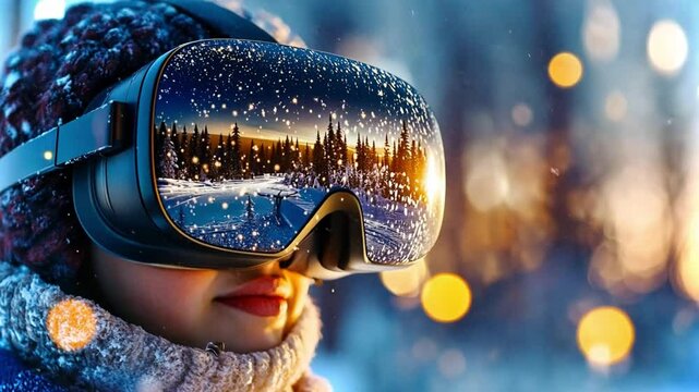 Experience virtual reality with a snowy landscape reflection on a VR headset during winter