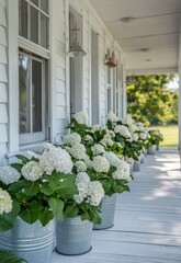 Fototapeta premium Hydrangeas in metal pots line a charming porch during sunny weather