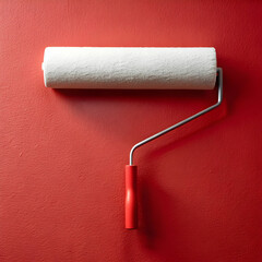 Fototapeta premium a white roller on a long red handle paints the wall