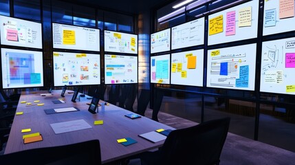 A high-tech brainstorming space with digital project boards, sticky notes, and team collaboration materials.