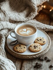A cozy scene of a cup of coffee and cookies on a table, cozy, coffee, cookies, snack, treat, beverage, break, relaxation