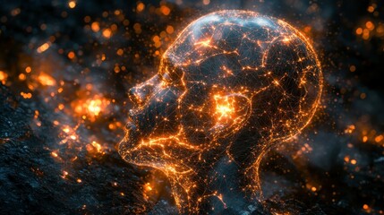 Obraz premium Glowing head emerges from embers, sparks fly.