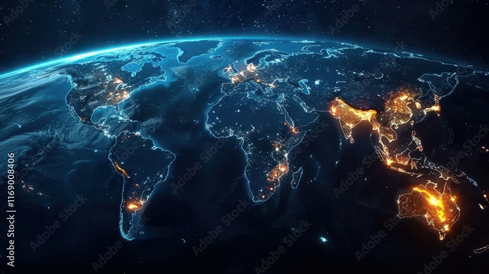 Poster glowing world map viewing from space. seamless looping time-lapse 4k video animation background