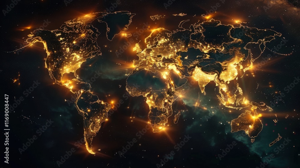 Poster glowing world map viewing from space. seamless looping time-lapse 4k video animation background