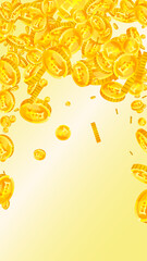 Swiss franc coins falling. Gold scattered CHF