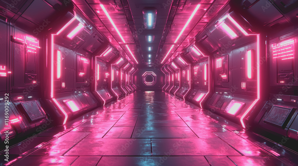 Aufkleber futuristic neon lit corridor featuring sleek metallic walls and dynamic colorful lights creating a v