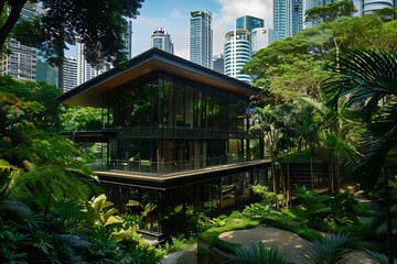 modern office building with panoramic glass facade at dusk