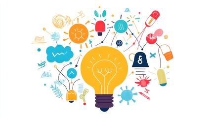 a creative mind map chart clipart, brainstorming process element, colorful connected nodes, flat design, isolated on white background 