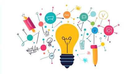 a creative mind map chart clipart, brainstorming process element, colorful connected nodes, flat design, isolated on white background 