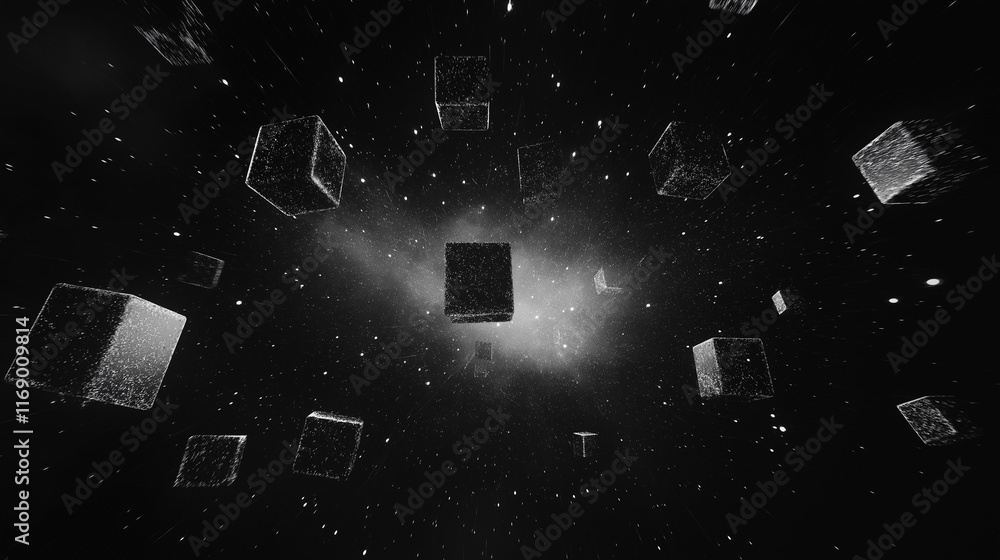 Poster cosmic cubes: abstract, futuristic, and ethereal, a mesmerizing array of shimmering cubes dances in 