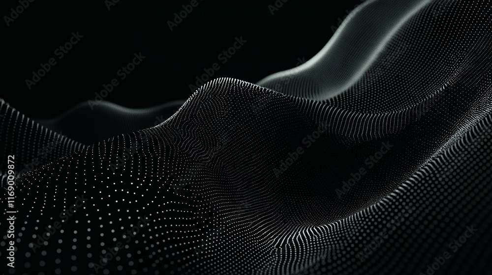 Poster dark abstract wave: elegant, flowing particles form a dynamic wave against a black background. the i