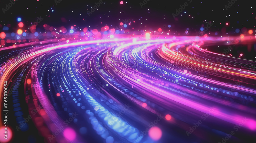 Poster captivating abstract composition of glowing lights and flowing lines against a deep dark background 