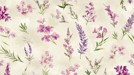 Delicate floral pattern with lavender and wildflowers, light beige background.