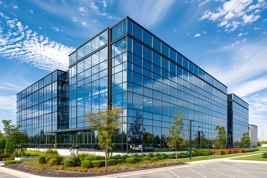 glass business building with modern architecture creating symmetrical reflections of environment - Powered by Adobe