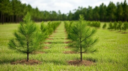 Obraz premium A serene view of a tree farm with rows of young pine trees on lush green grass, showcasing a healthy and organized natural landscape.