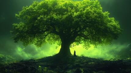 Woman meditating under a large, ancient green tree in a mystical forest.