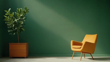 A cozy yellow chair beside a leafy plant against a green wall, creating a warm, inviting atmosphere in a minimalist space.